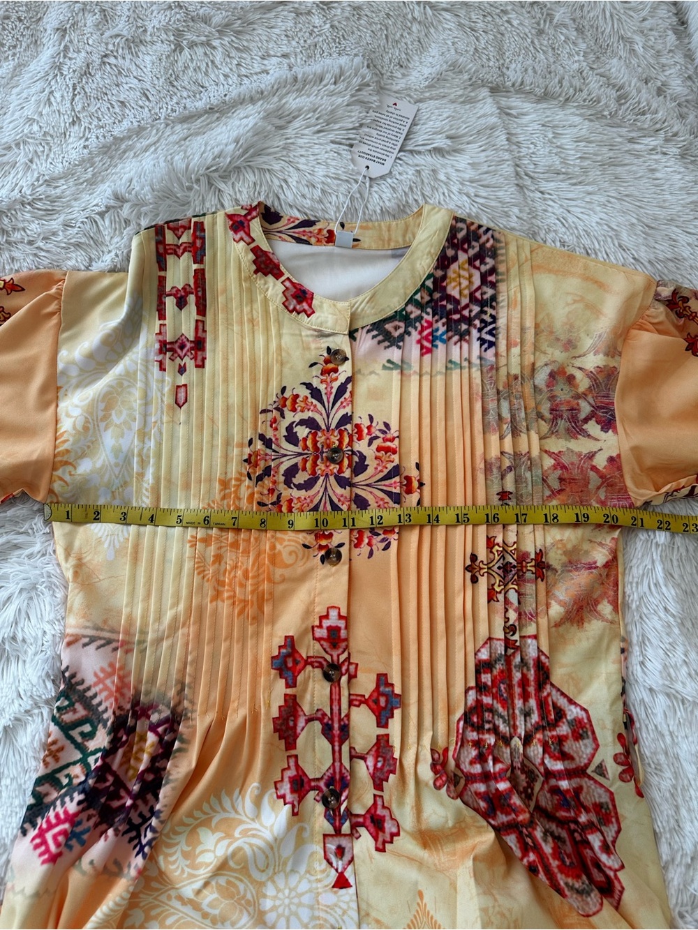 Boho Yellow Printed Maxi Dress Size: Large Puff Sleeve Button Front Cottagecore - Picture 3 of 7